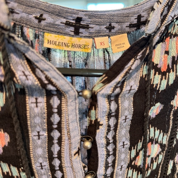 Anthro Holding Horses XS Boho Printed Peasant Dress Metallic Thread Tassel Tie - Picture 6 of 7